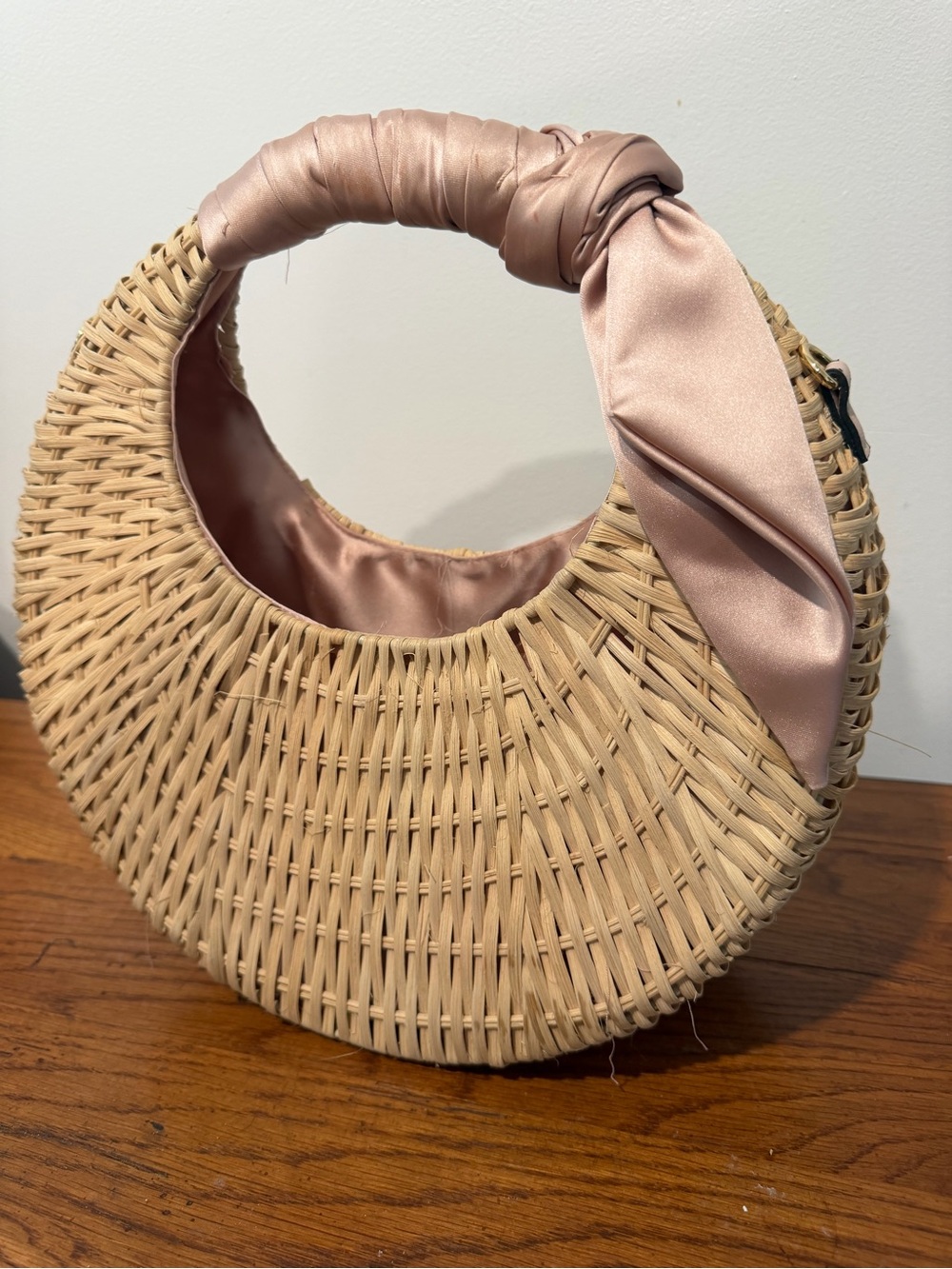 Round Woven Tote with Blush Satin Wrap